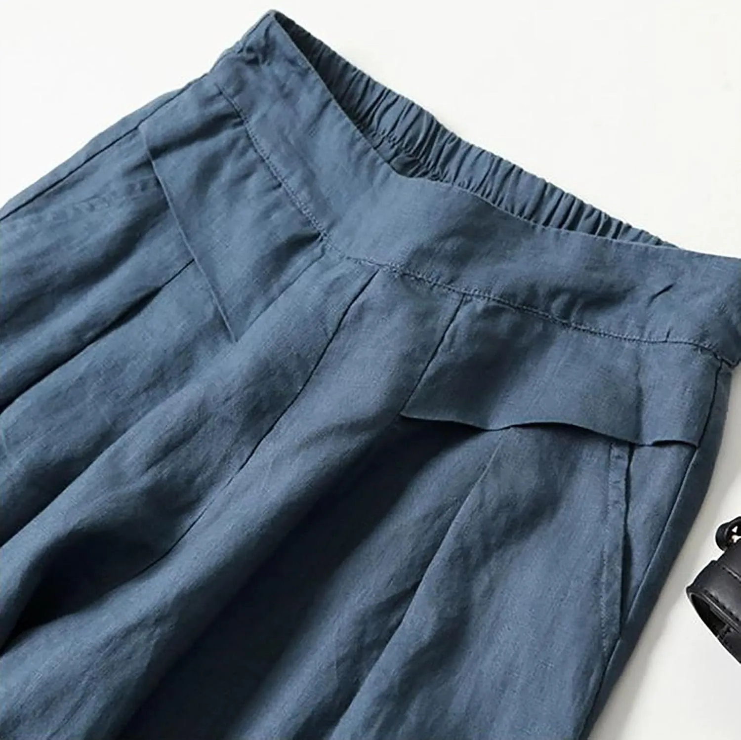 Women Cotton Linen Summer Pull On Pant Trousers Elastic Waisted Ankle Length Slim Fit Trouser Vacation