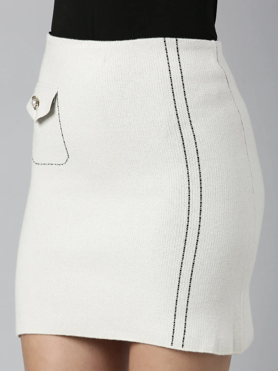 Women Cream Self-Design Pencil Mini Skirts