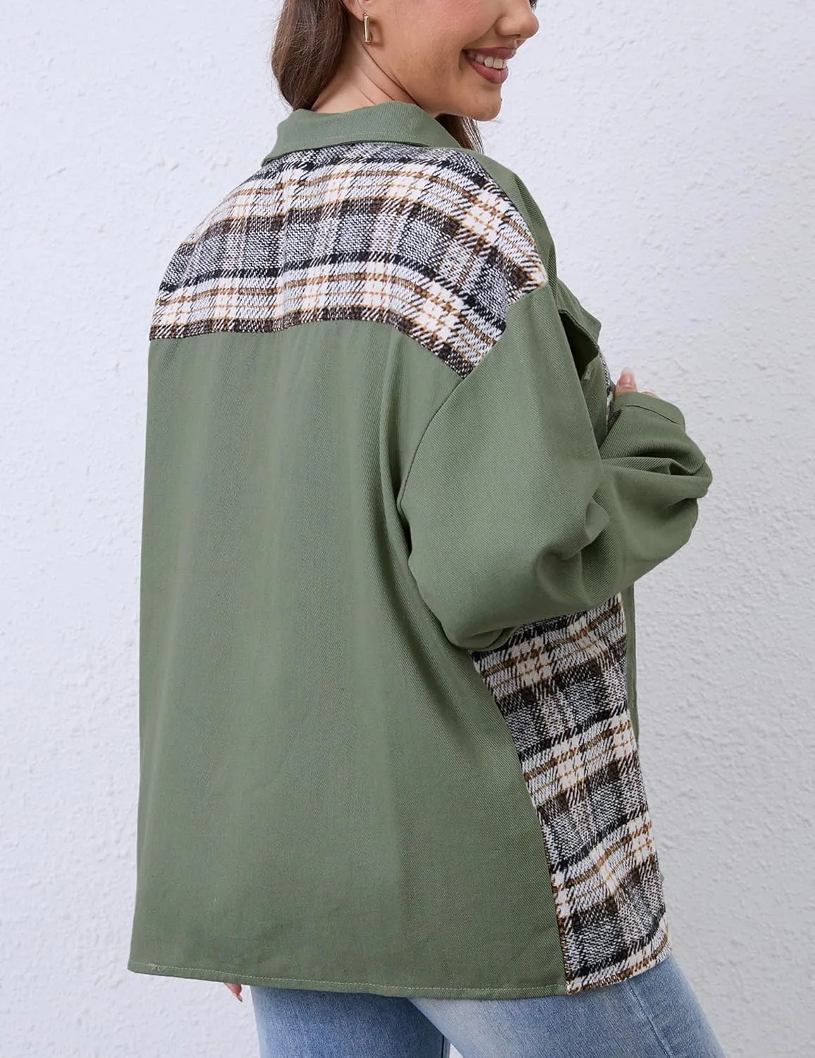 Women Denim Jean Jacket Plaid Shackets Button Down Lightweight Oversized Pocketed Coat Outfits Tops 2024 Fall