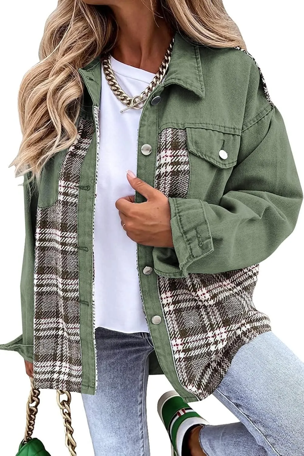Women Denim Jean Jacket Plaid Shackets Button Down Lightweight Oversized Pocketed Coat Outfits Tops 2024 Fall