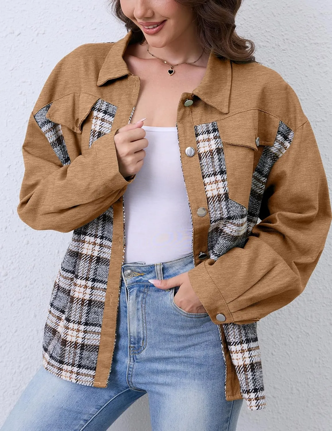 Women Denim Jean Jacket Plaid Shackets Button Down Lightweight Oversized Pocketed Coat Outfits Tops 2024 Fall