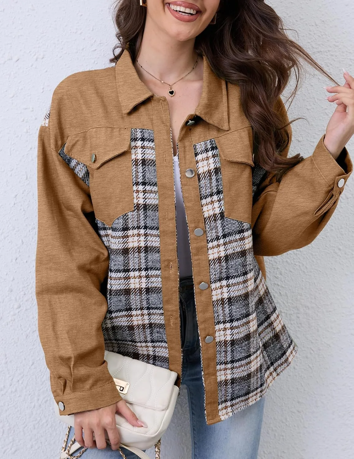 Women Denim Jean Jacket Plaid Shackets Button Down Lightweight Oversized Pocketed Coat Outfits Tops 2024 Fall
