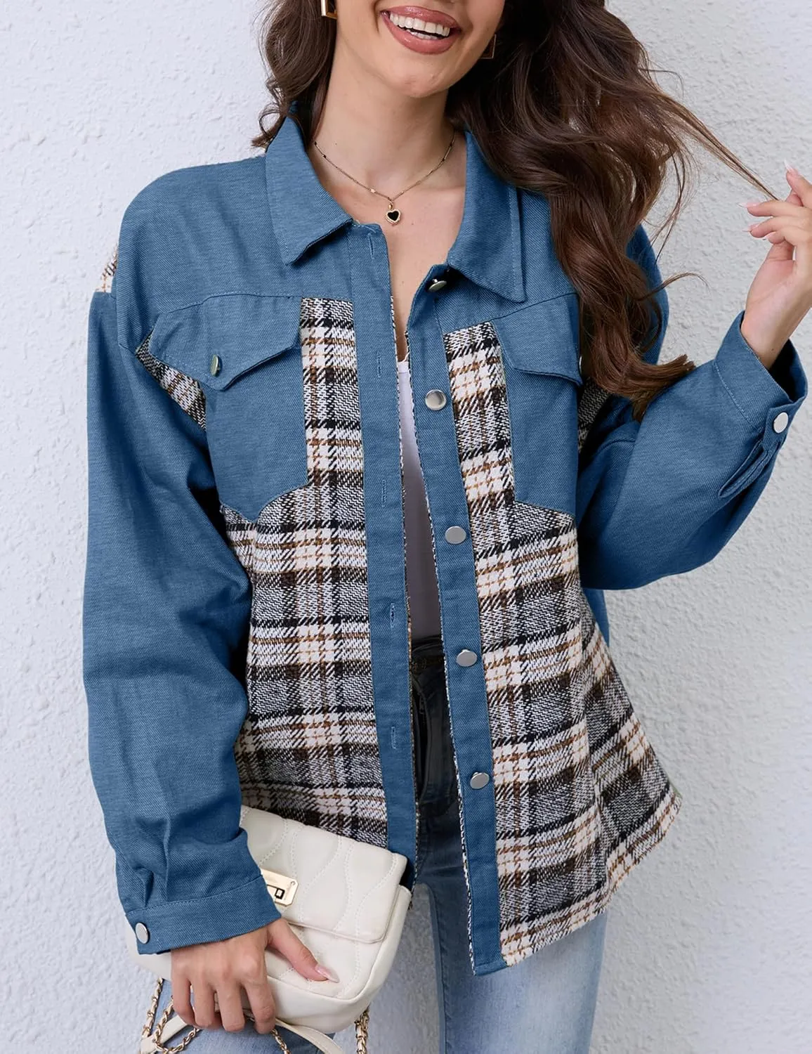 Women Denim Jean Jacket Plaid Shackets Button Down Lightweight Oversized Pocketed Coat Outfits Tops 2024 Fall