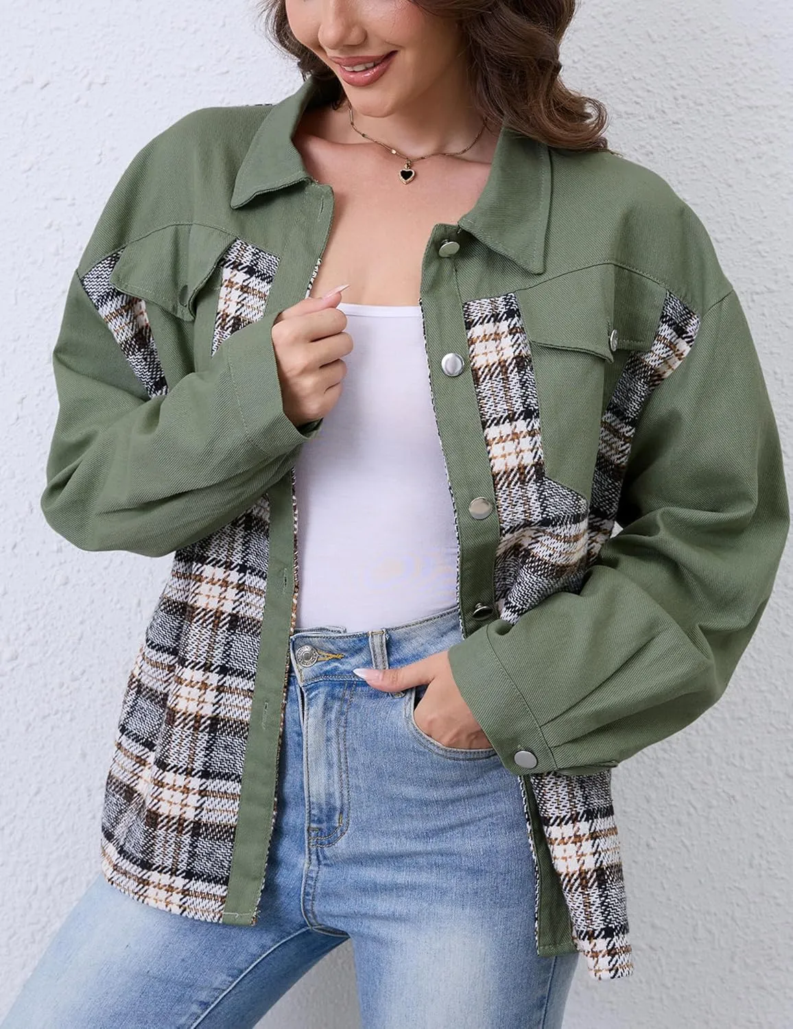Women Denim Jean Jacket Plaid Shackets Button Down Lightweight Oversized Pocketed Coat Outfits Tops 2024 Fall