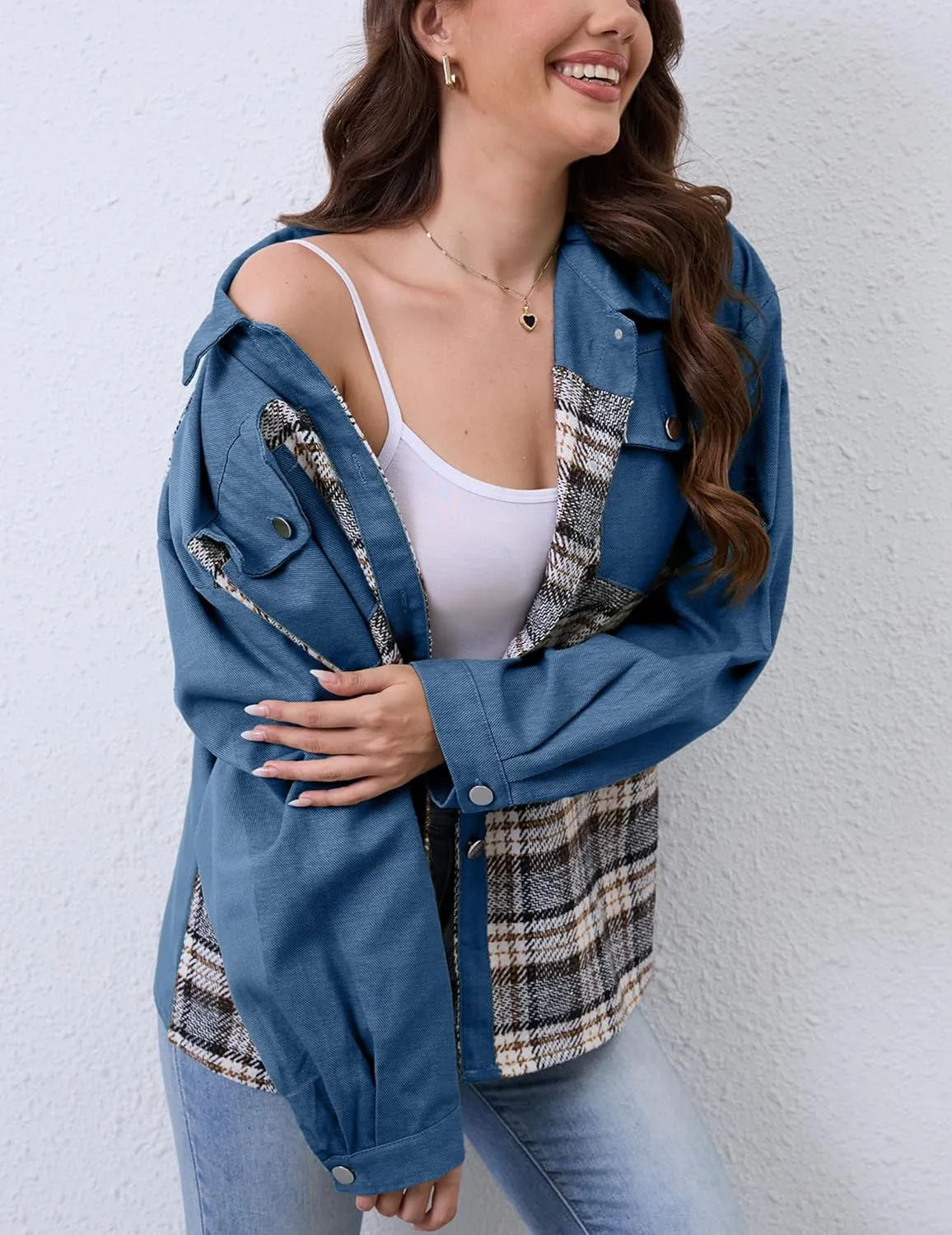 Women Denim Jean Jacket Plaid Shackets Button Down Lightweight Oversized Pocketed Coat Outfits Tops 2024 Fall