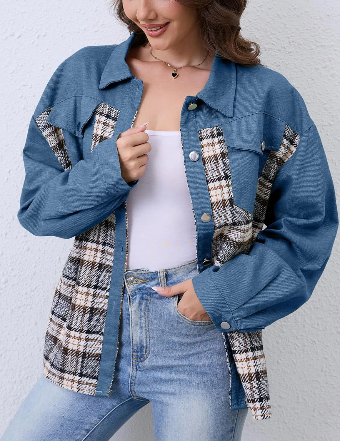 Women Denim Jean Jacket Plaid Shackets Button Down Lightweight Oversized Pocketed Coat Outfits Tops 2024 Fall