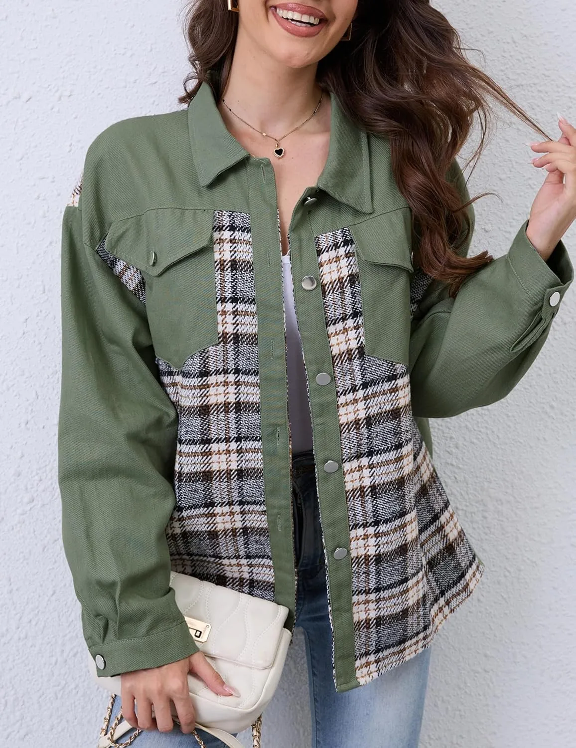Women Denim Jean Jacket Plaid Shackets Button Down Lightweight Oversized Pocketed Coat Outfits Tops 2024 Fall