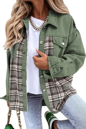 Women Denim Jean Jacket Plaid Shackets Button Down Lightweight Oversized Pocketed Coat Outfits Tops 2024 Fall