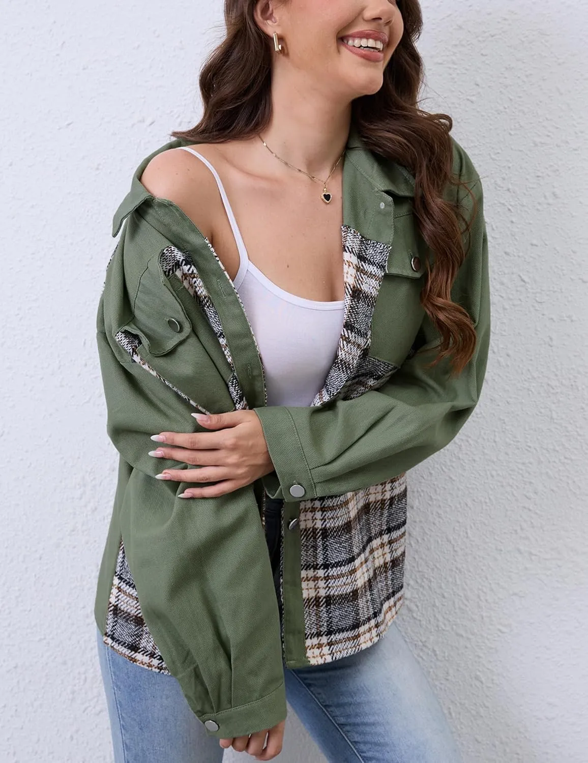 Women Denim Jean Jacket Plaid Shackets Button Down Lightweight Oversized Pocketed Coat Outfits Tops 2024 Fall