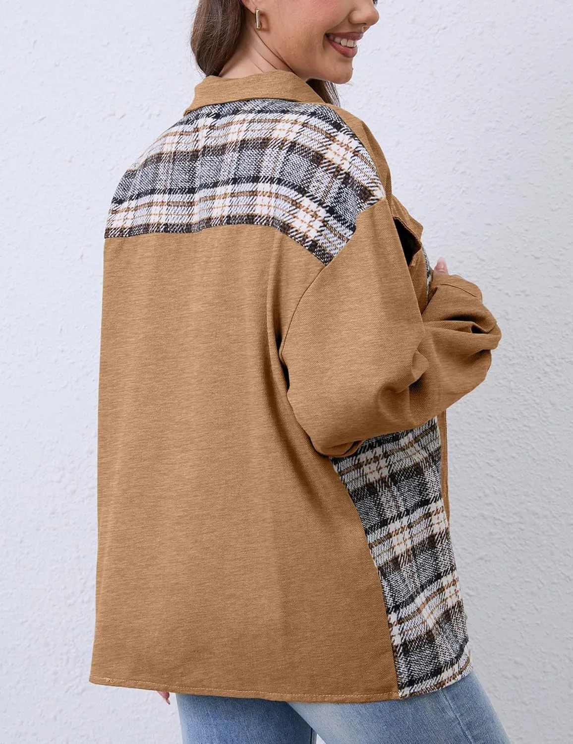 Women Denim Jean Jacket Plaid Shackets Button Down Lightweight Oversized Pocketed Coat Outfits Tops 2024 Fall