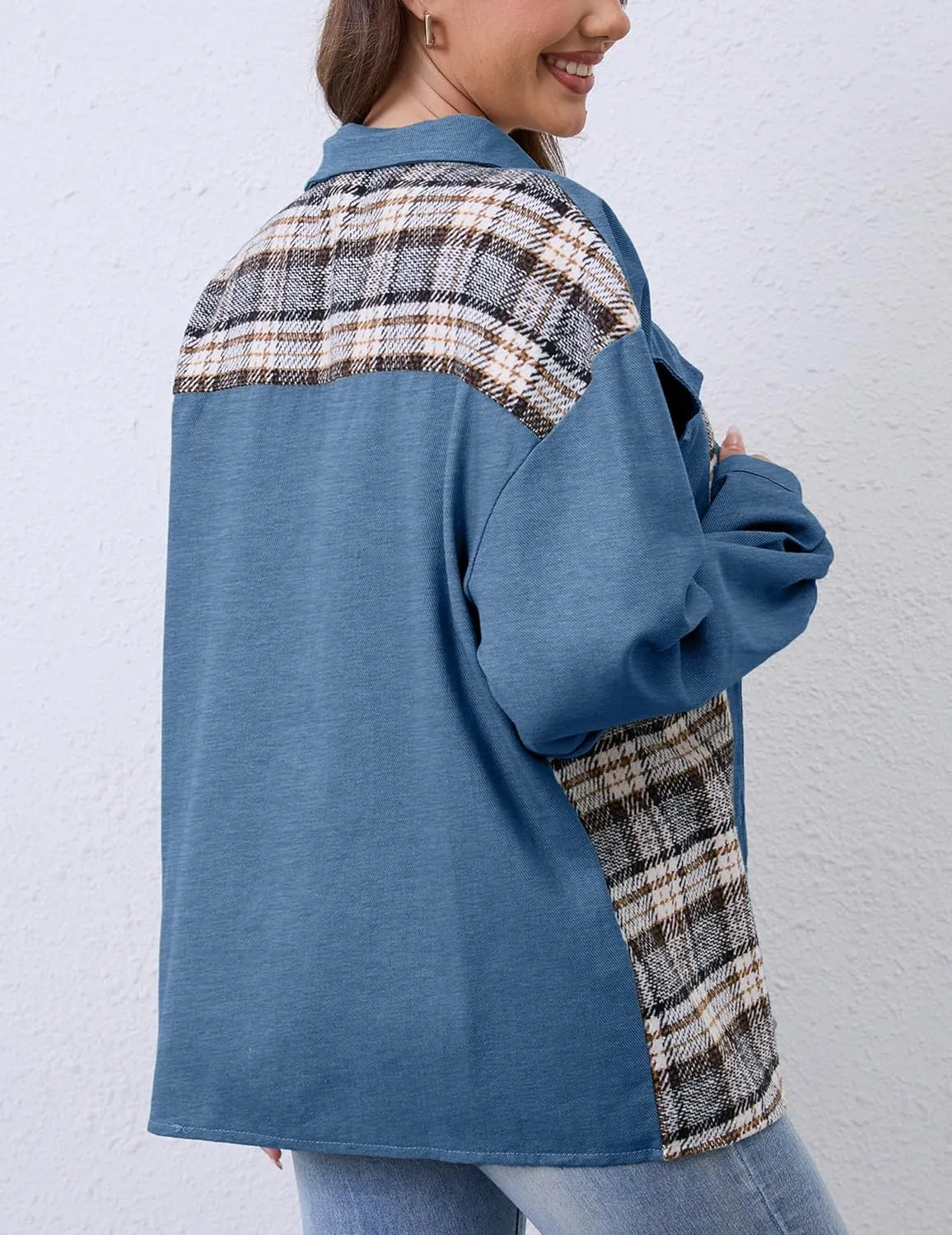 Women Denim Jean Jacket Plaid Shackets Button Down Lightweight Oversized Pocketed Coat Outfits Tops 2024 Fall