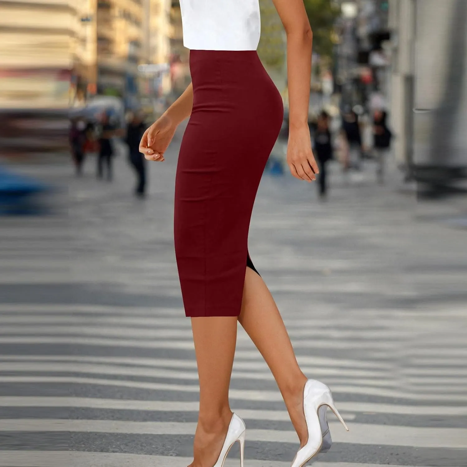 Women Dressy Work Pencil Skirts Stretchy High Waist Bodycon Midi Skirt Solid Business Office Skirt with Back Slit
