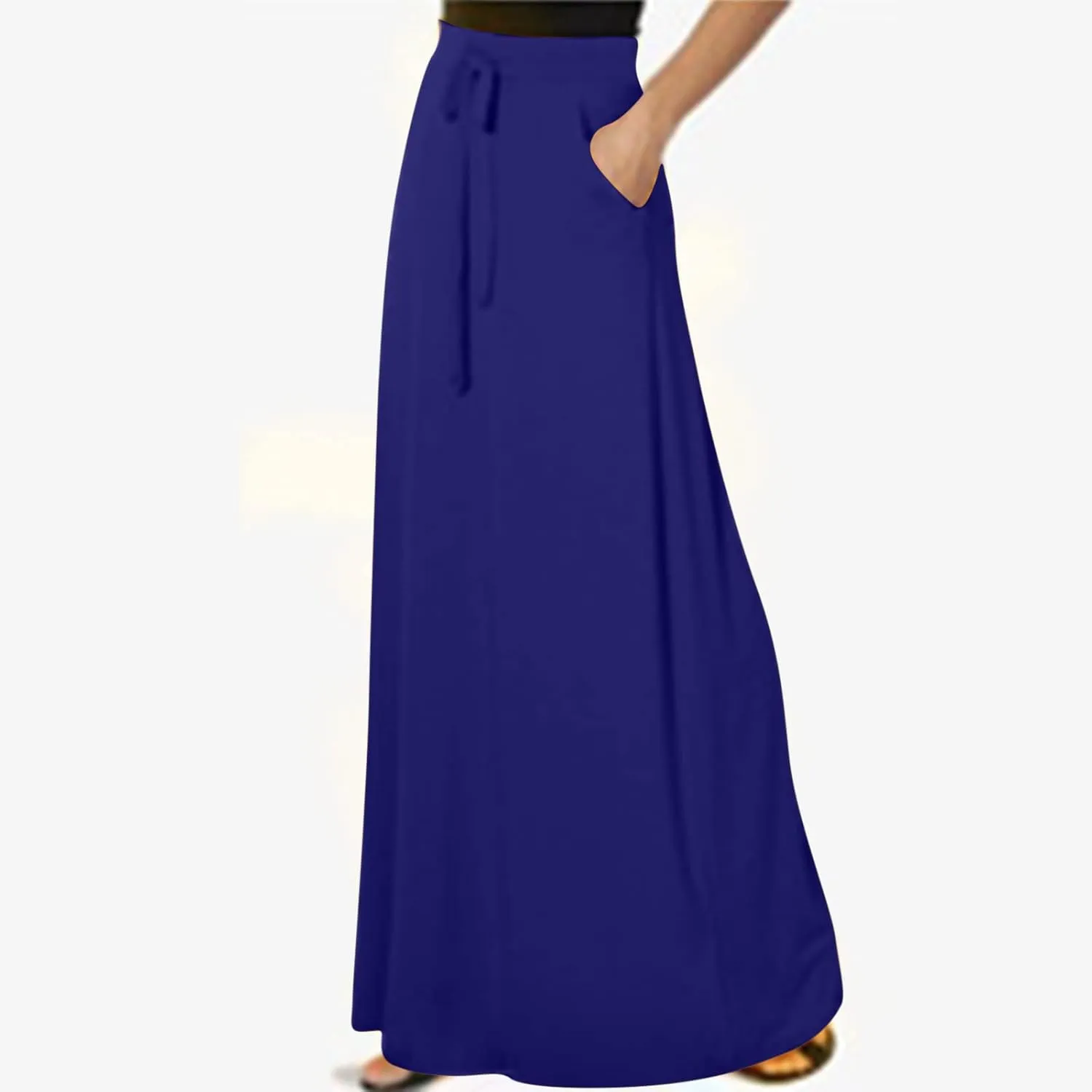 Women Elegant Maxi Skirts Drawstring Waist Casual Long Skirt with Pocket, Dressy Plain Midi Skirt Flowy Half Dress
