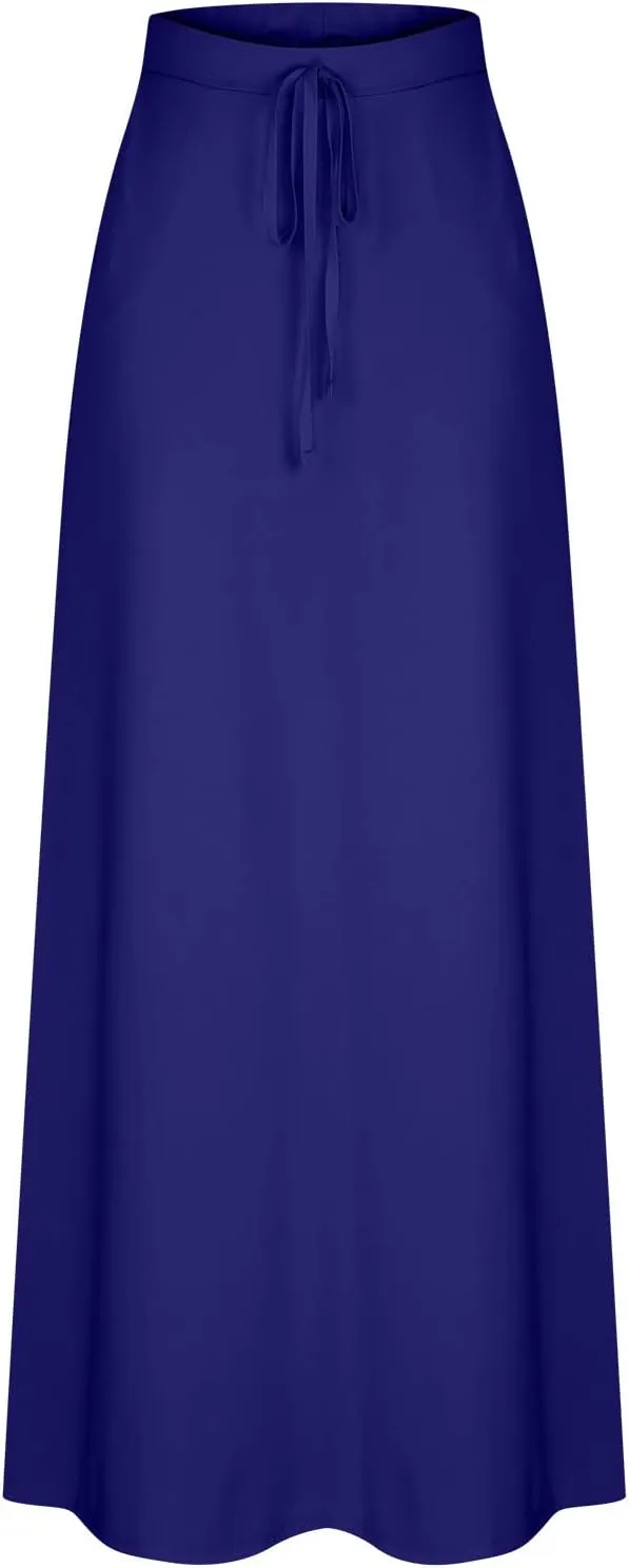 Women Elegant Maxi Skirts Drawstring Waist Casual Long Skirt with Pocket, Dressy Plain Midi Skirt Flowy Half Dress