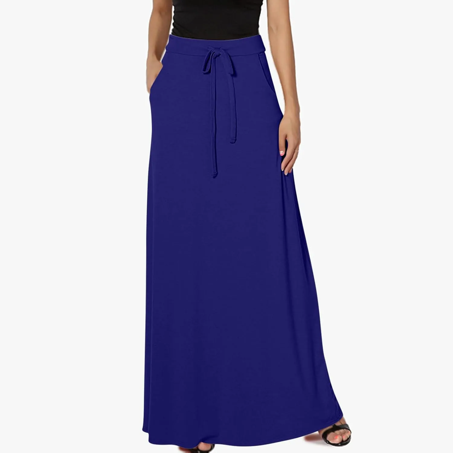 Women Elegant Maxi Skirts Drawstring Waist Casual Long Skirt with Pocket, Dressy Plain Midi Skirt Flowy Half Dress
