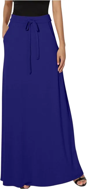 Women Elegant Maxi Skirts Drawstring Waist Casual Long Skirt with Pocket, Dressy Plain Midi Skirt Flowy Half Dress