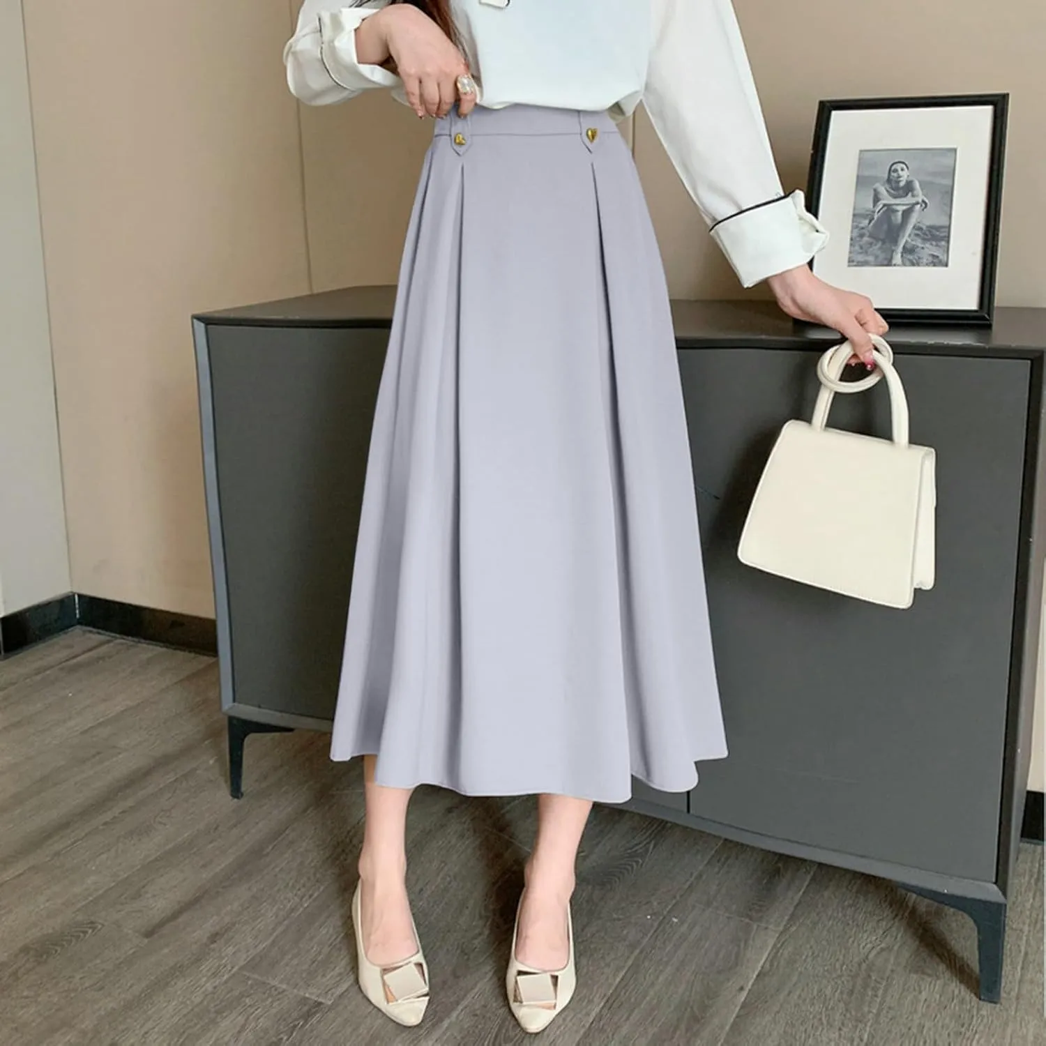 Women Fashion Casual Mid Length Suit Skirt A Line High Waisted Pleated Skirt Daily Long Leather Skirts for Women
