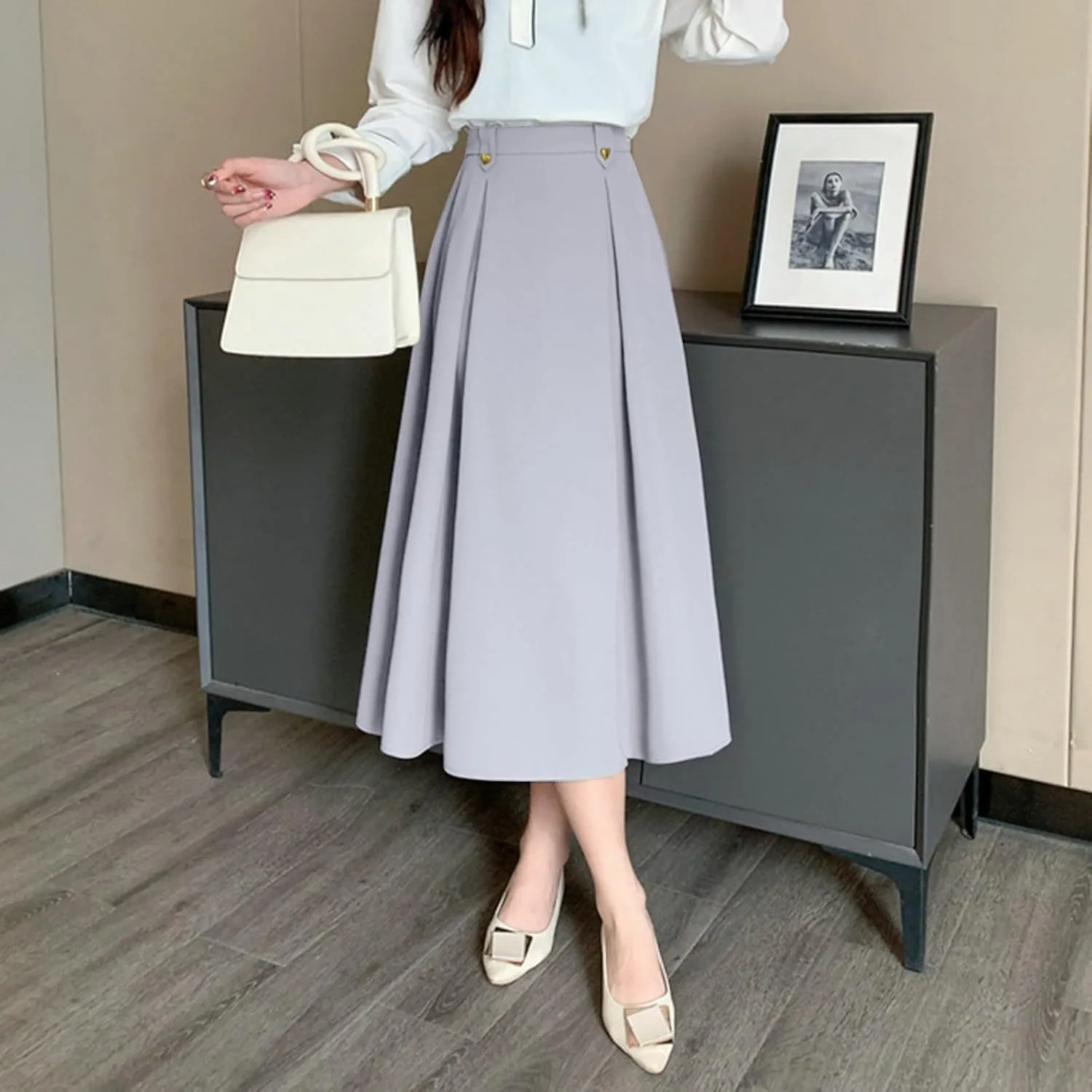 Women Fashion Casual Mid Length Suit Skirt A Line High Waisted Pleated Skirt Daily Long Leather Skirts for Women