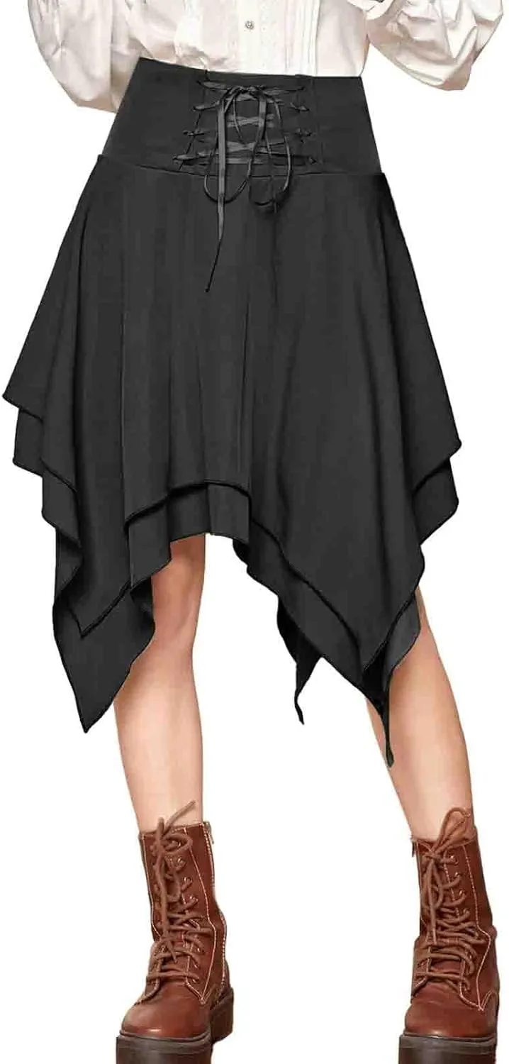 Women Gothic Skirt Lace-up Goth Mini Skirts Punk Layered Asymmetrical Midi Skirt High Waist A-line Skirt Y2k Clothes