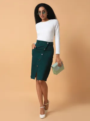 Women Green Knee-Length Front Slit Pencil Skirts