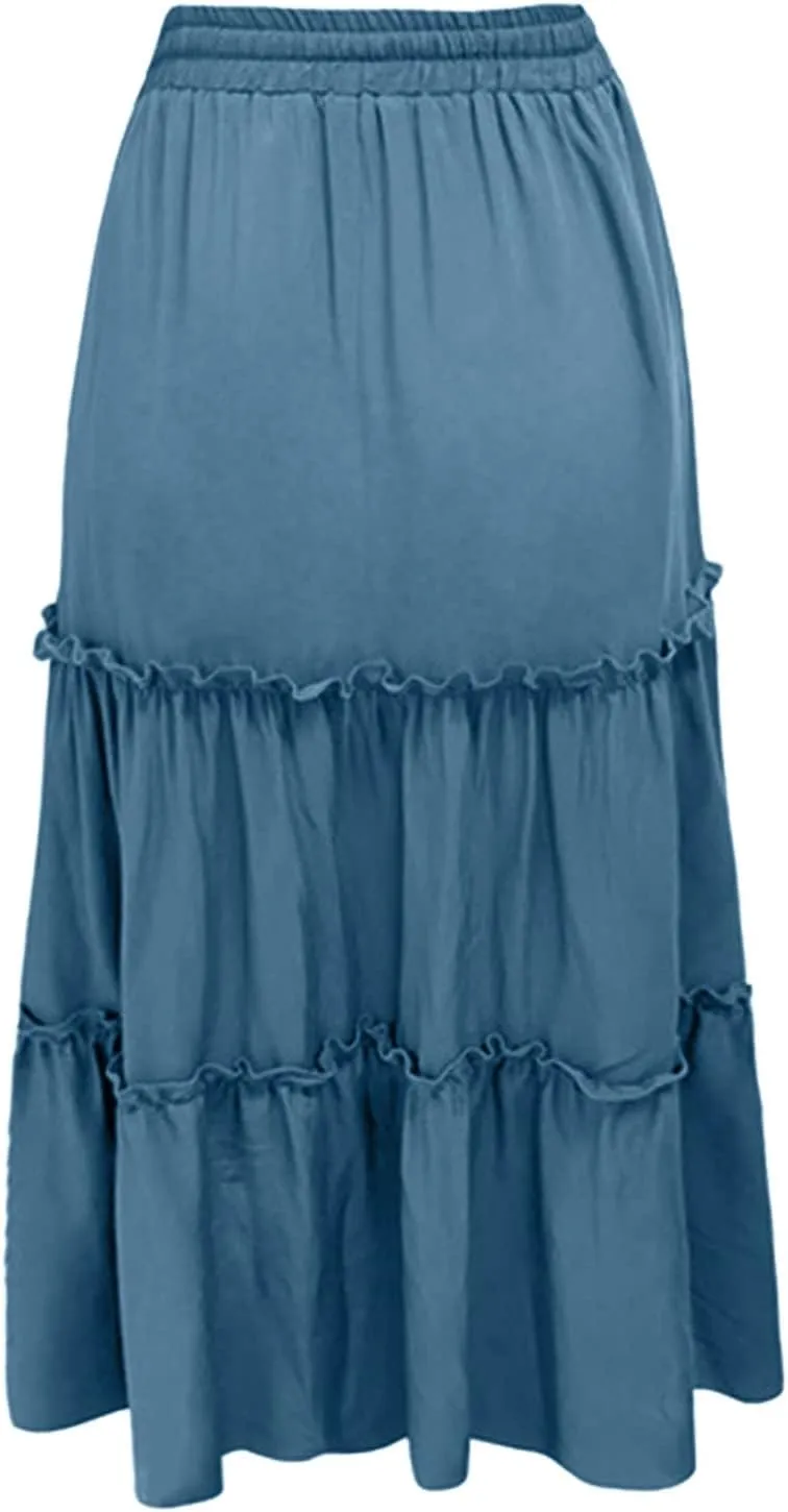 Women High Elastic Waist Pleated Skirt Vintage Stretch Casual High Waist A-Line Flared Midi Skirts Spring Sequin