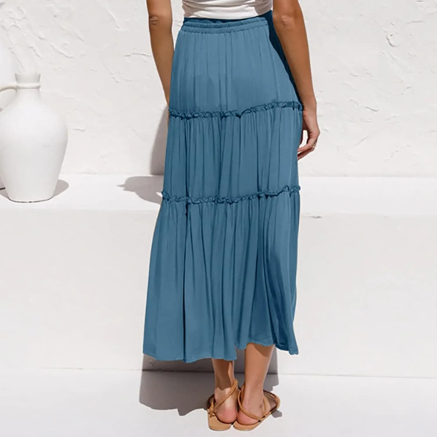 Women High Elastic Waist Pleated Skirt Vintage Stretch Casual High Waist A-Line Flared Midi Skirts Spring Sequin