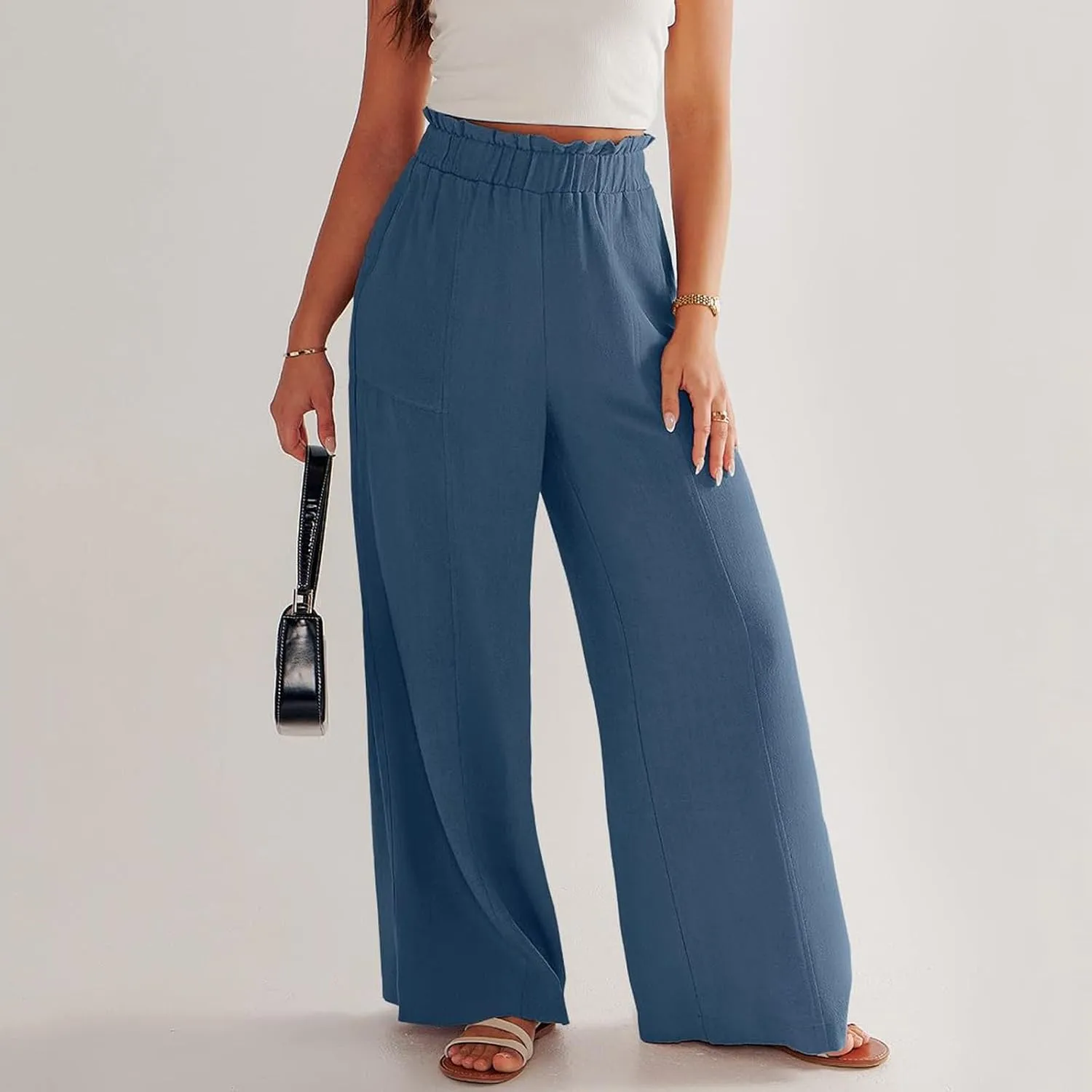 Women High Waisted Cotton Linen Pants Casual Loose Wide Leg Beach Pants Summer Outfits 2024 Trendy