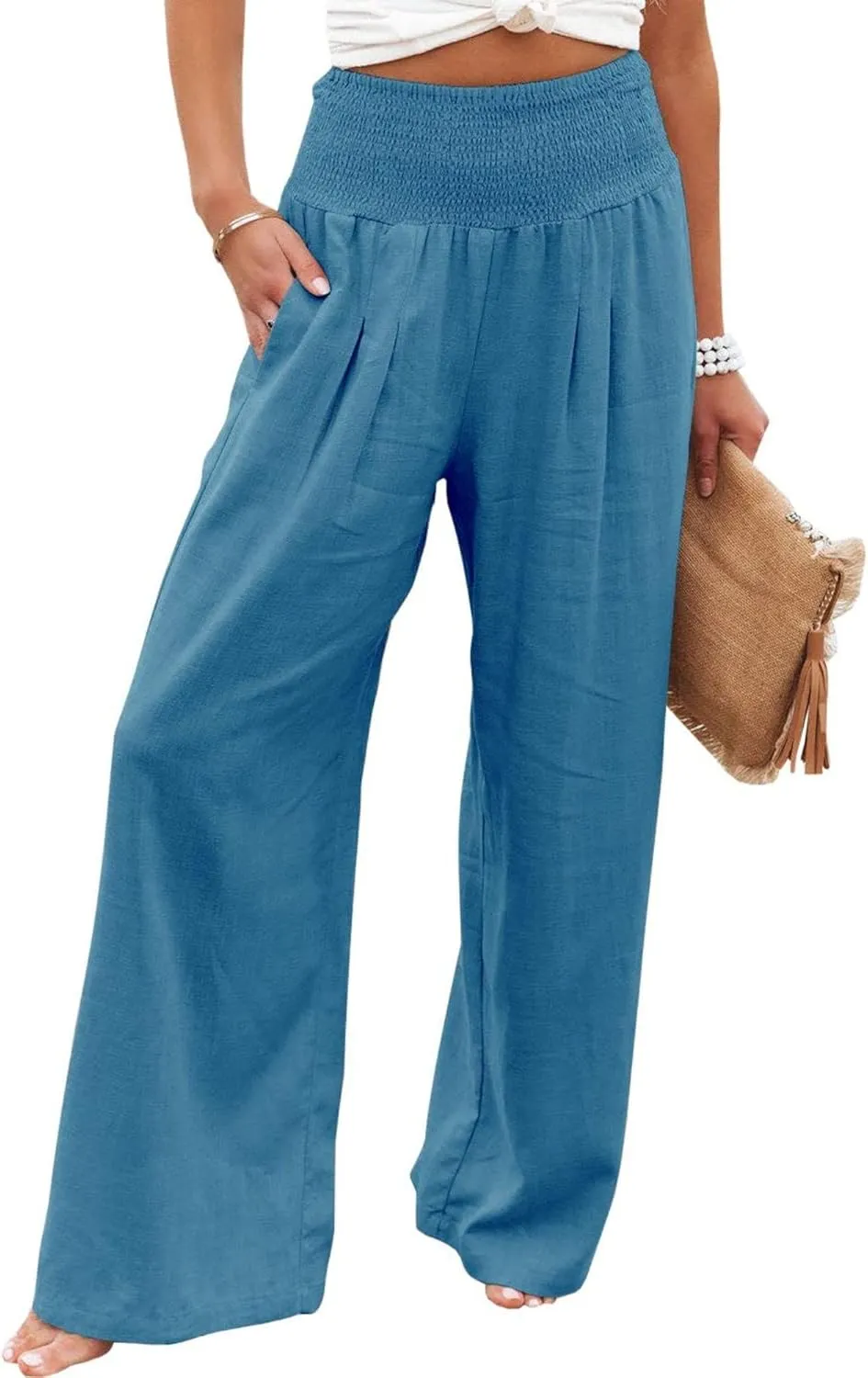 Women Linen Palazzo Pants Summer Elastic High Waisted Wide Leg Long Trousers Lounge Vacation Beach Pant with Pockets