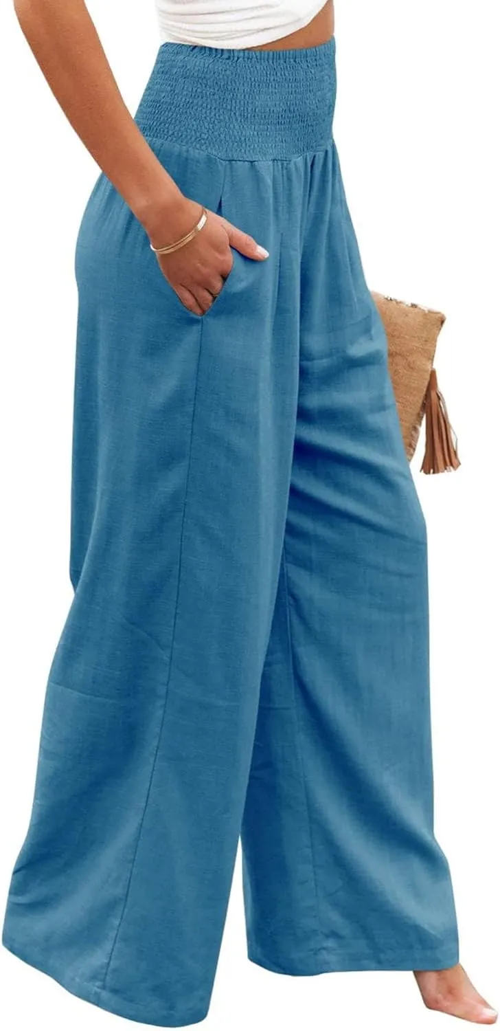 Women Linen Palazzo Pants Summer Elastic High Waisted Wide Leg Long Trousers Lounge Vacation Beach Pant with Pockets