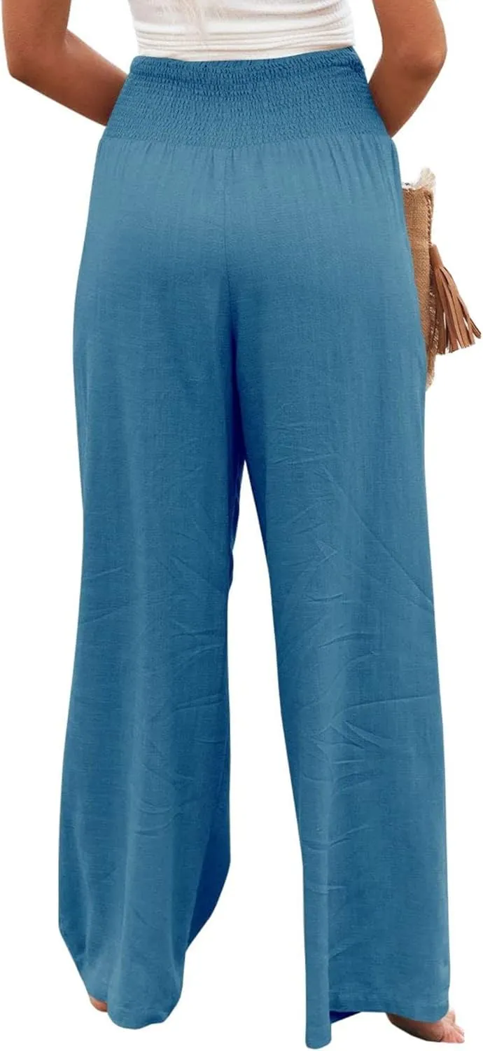 Women Linen Palazzo Pants Summer Elastic High Waisted Wide Leg Long Trousers Lounge Vacation Beach Pant with Pockets