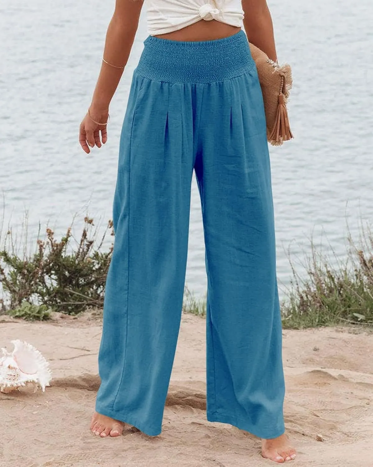 Women Linen Palazzo Pants Summer Elastic High Waisted Wide Leg Long Trousers Lounge Vacation Beach Pant with Pockets