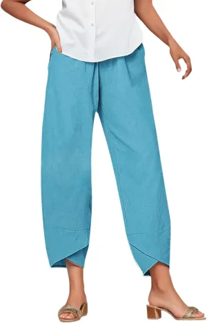 Women Linen Pants Casual Summer Loose Fit Beach Solid Color Plus Size High Waist Linen Pants Stretch Trousers with Pockets