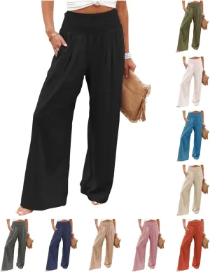 Women Linen Pants Elastic High Waist Wide Leg Palazzo Pants Summer Casual Loose Beach Pants Trousers with Pocket
