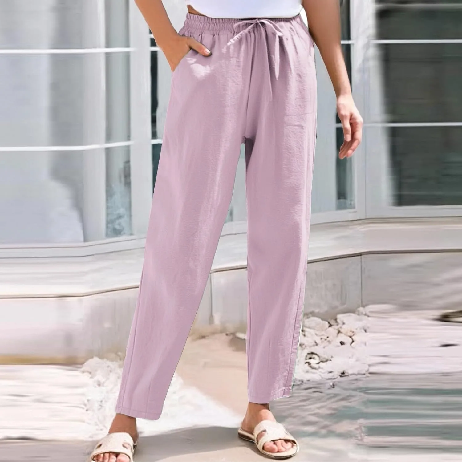 Women Linen Pants Loose High Waist Boho Wide Leg Cropped Palazzo Beach Pants Summer Beach Outfits 2025 Trendy