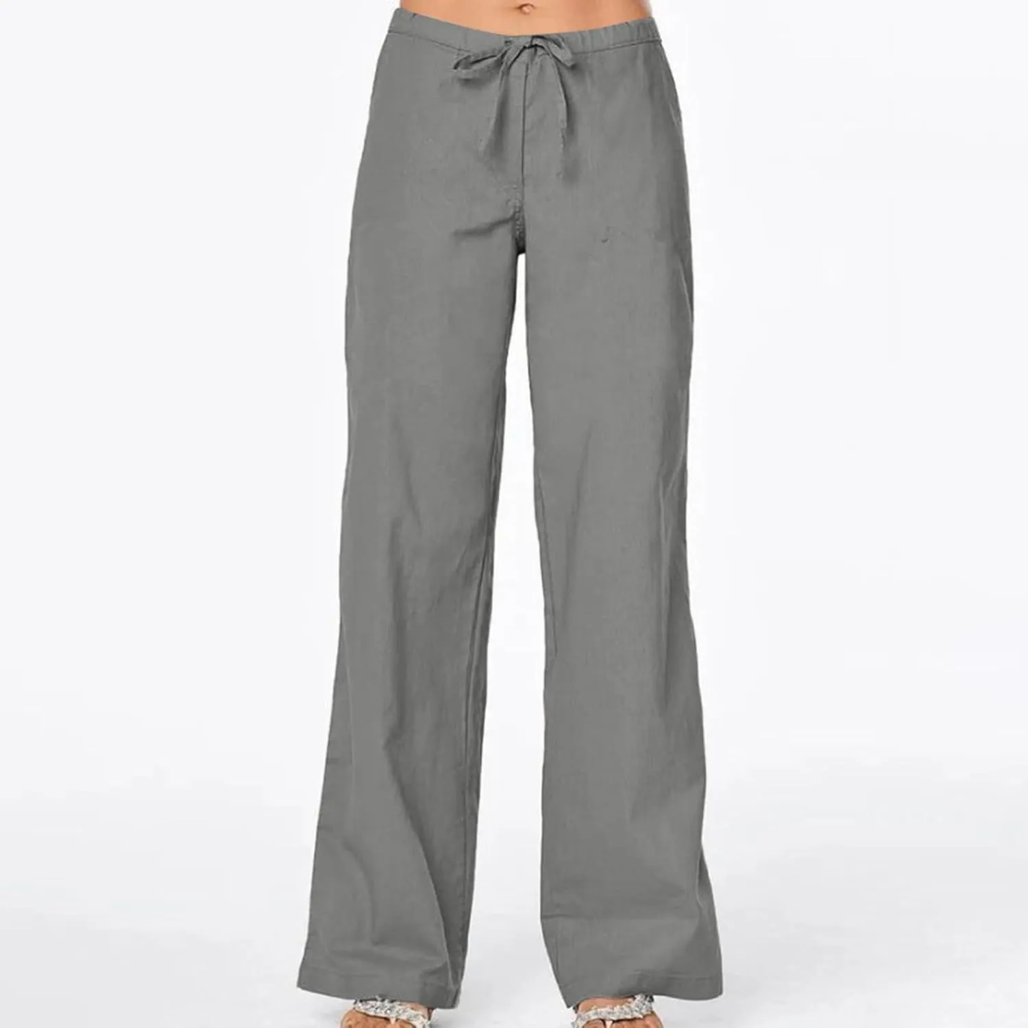 Women Linen Pants Summer Lightweight Wide Leg Trousers Drawstring Low Waisted Palazzo Pants with Pockets