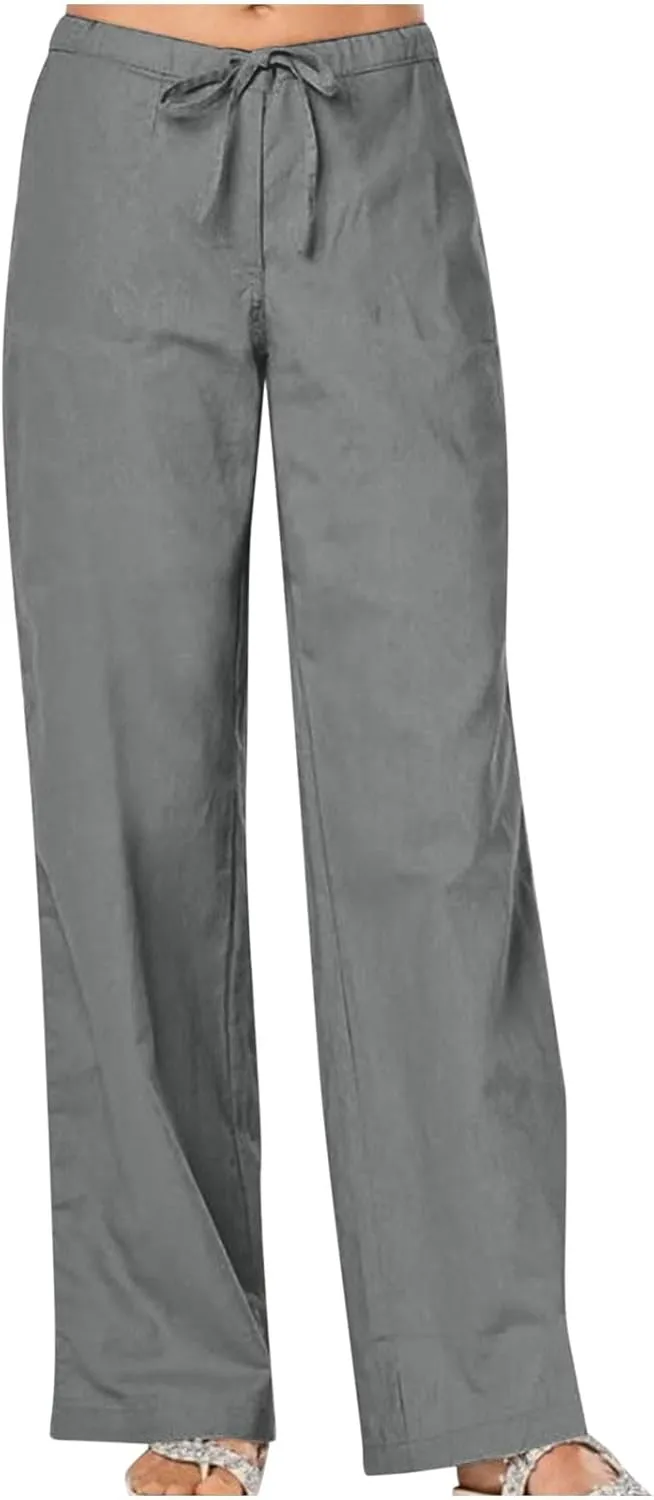 Women Linen Pants Summer Lightweight Wide Leg Trousers Drawstring Low Waisted Palazzo Pants with Pockets