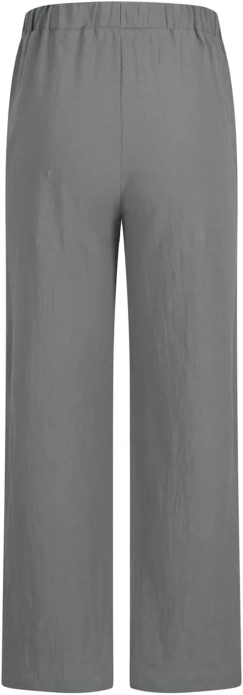 Women Linen Pants Summer Lightweight Wide Leg Trousers Drawstring Low Waisted Palazzo Pants with Pockets