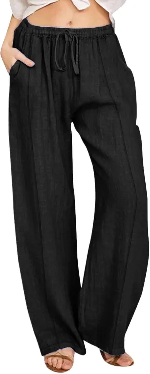 Women Linen Pants Summer Trouser Pant Cotton Blend Drawstring Elastic Waist Pocket Long Wide Leg Linen Pants Women