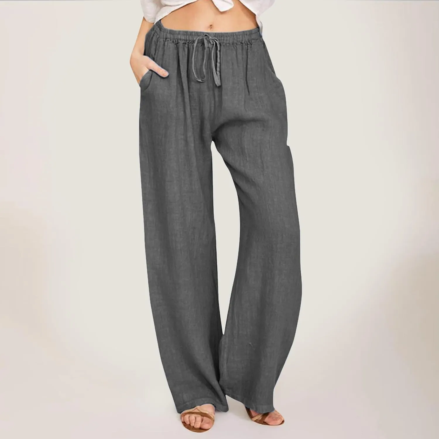 Women Linen Pants Wide Leg Pants High Waist Drawstring Casual Palazzo Loose Beach Pant Comfy Summer Trousers