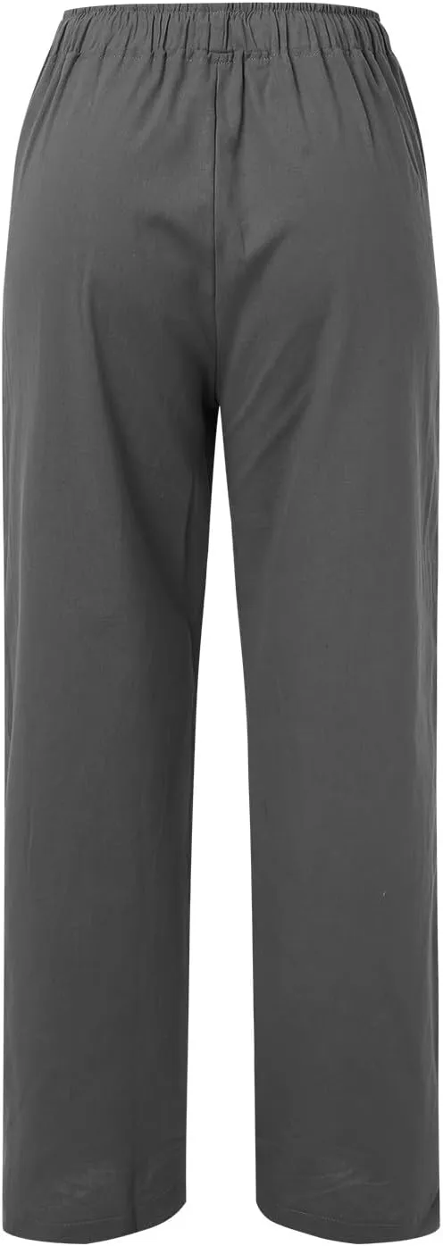Women Linen Pants Wide Leg Pants High Waist Drawstring Casual Palazzo Loose Beach Pant Comfy Summer Trousers