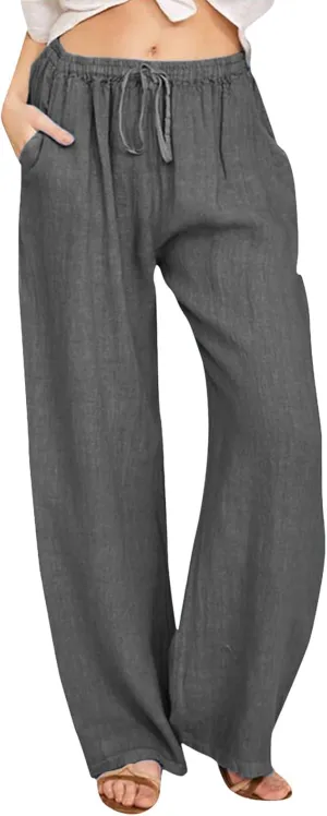 Women Linen Pants Wide Leg Pants High Waist Drawstring Casual Palazzo Loose Beach Pant Comfy Summer Trousers