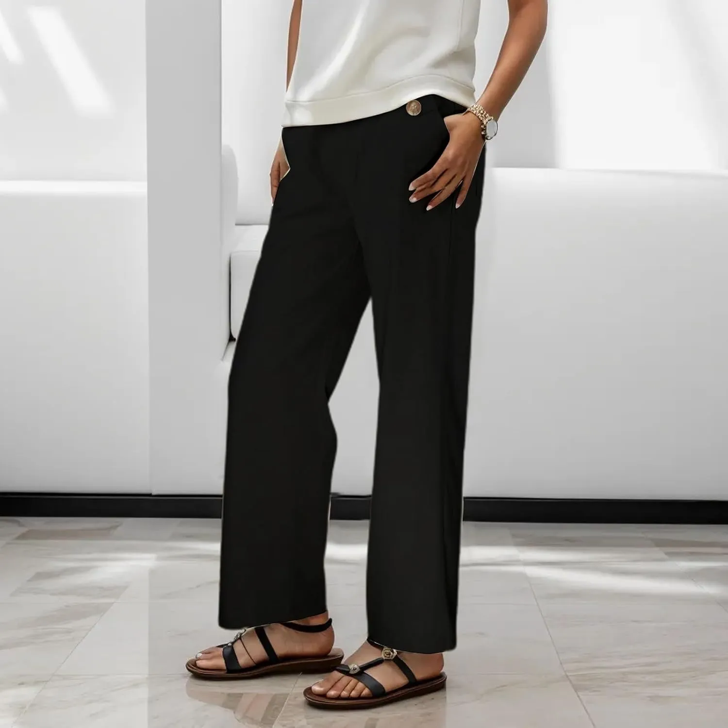 Women Linen Summer Floral Palazzo Lounge Pants Elastic Waisted Bootcut Slim-Fit Trouser Business Work