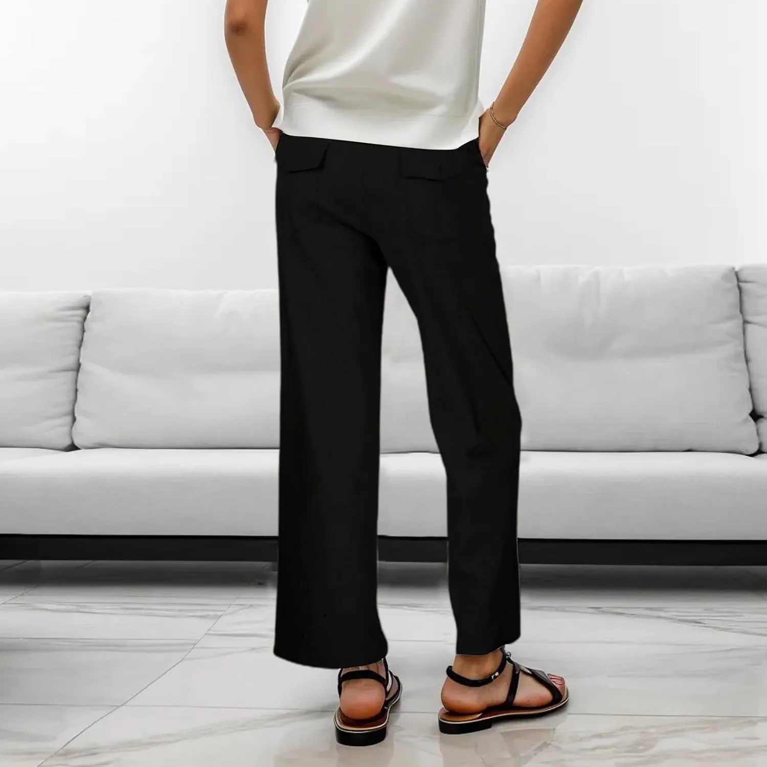 Women Linen Summer Floral Palazzo Lounge Pants Elastic Waisted Bootcut Slim-Fit Trouser Business Work