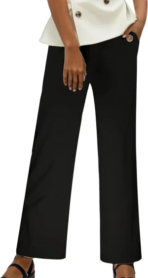 Women Linen Summer Floral Palazzo Lounge Pants Elastic Waisted Bootcut Slim-Fit Trouser Business Work