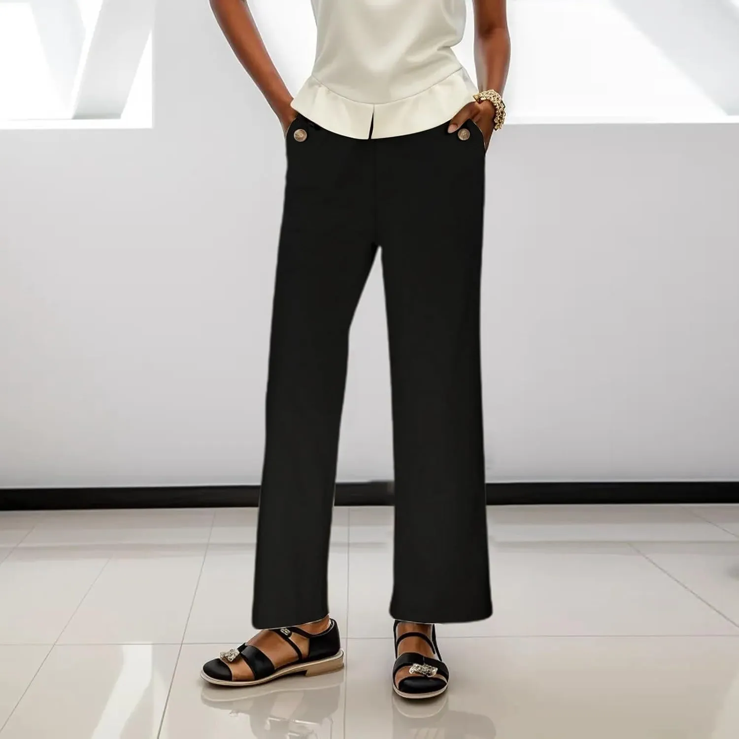 Women Linen Summer Floral Palazzo Lounge Pants Elastic Waisted Bootcut Slim-Fit Trouser Business Work
