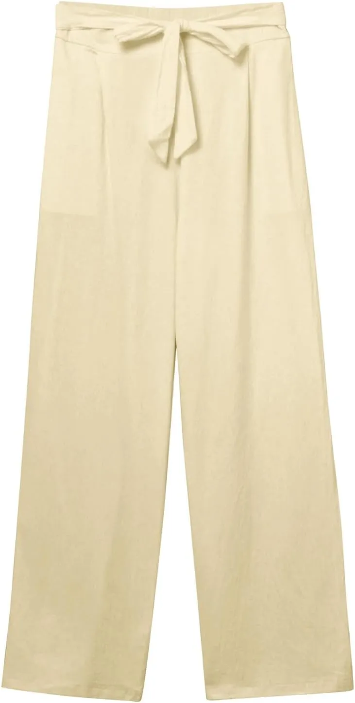 Women Linen Summer Tie Knot Palazzo Lounge Pants Elastic Waist Wide Leg Loose Fit Pants Travel