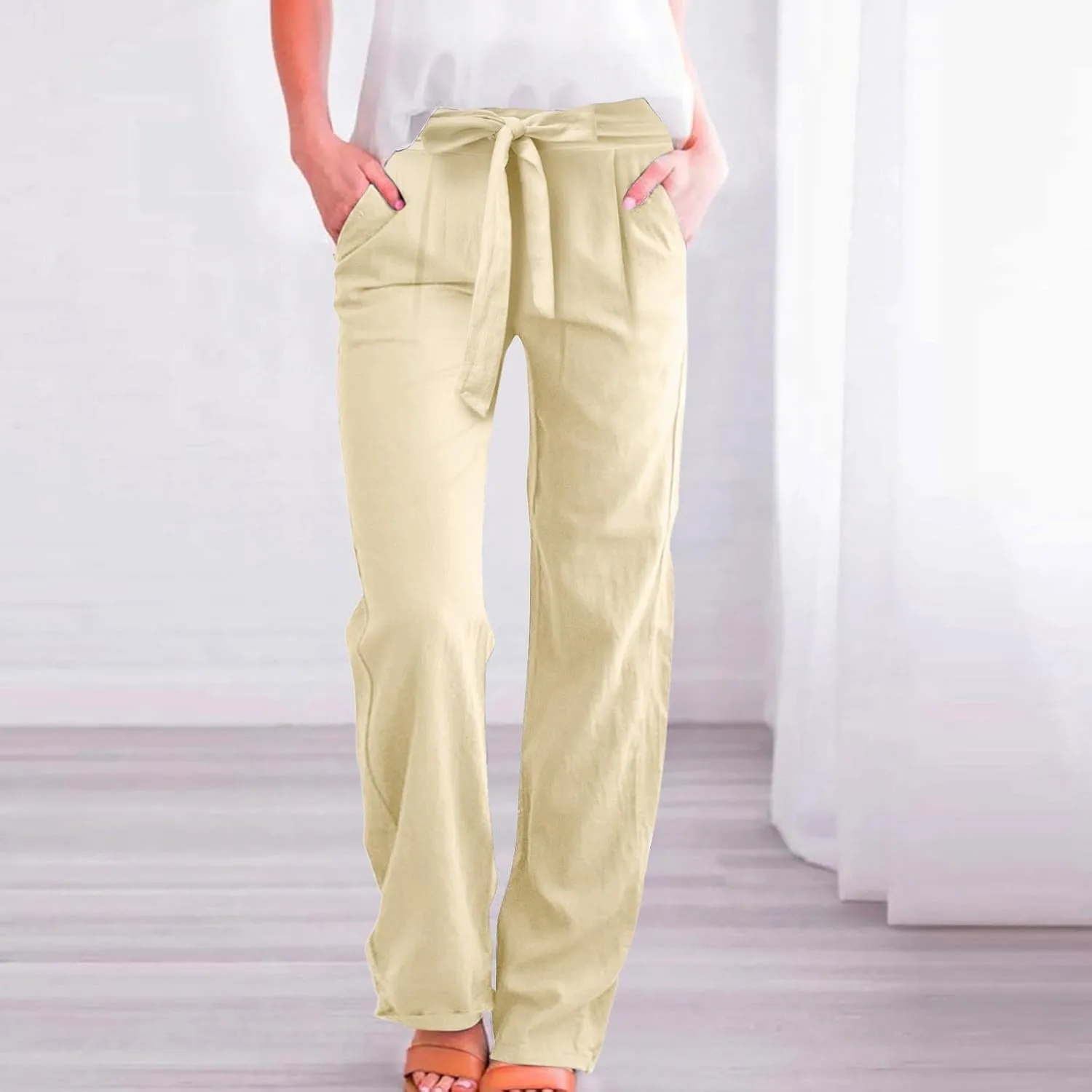 Women Linen Summer Tie Knot Palazzo Lounge Pants Elastic Waist Wide Leg Loose Fit Pants Travel