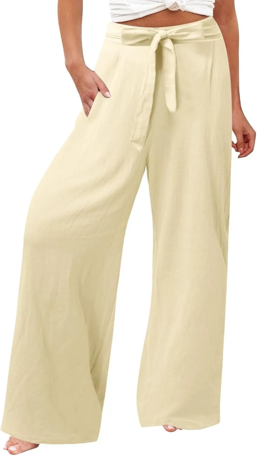 Women Linen Summer Tie Knot Palazzo Lounge Pants Elastic Waist Wide Leg Loose Fit Pants Travel