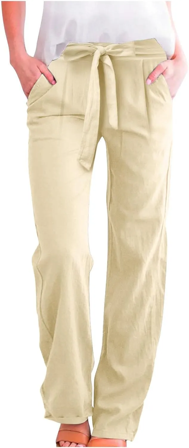 Women Linen Summer Tie Knot Palazzo Lounge Pants Elastic Waist Wide Leg Loose Fit Pants Travel