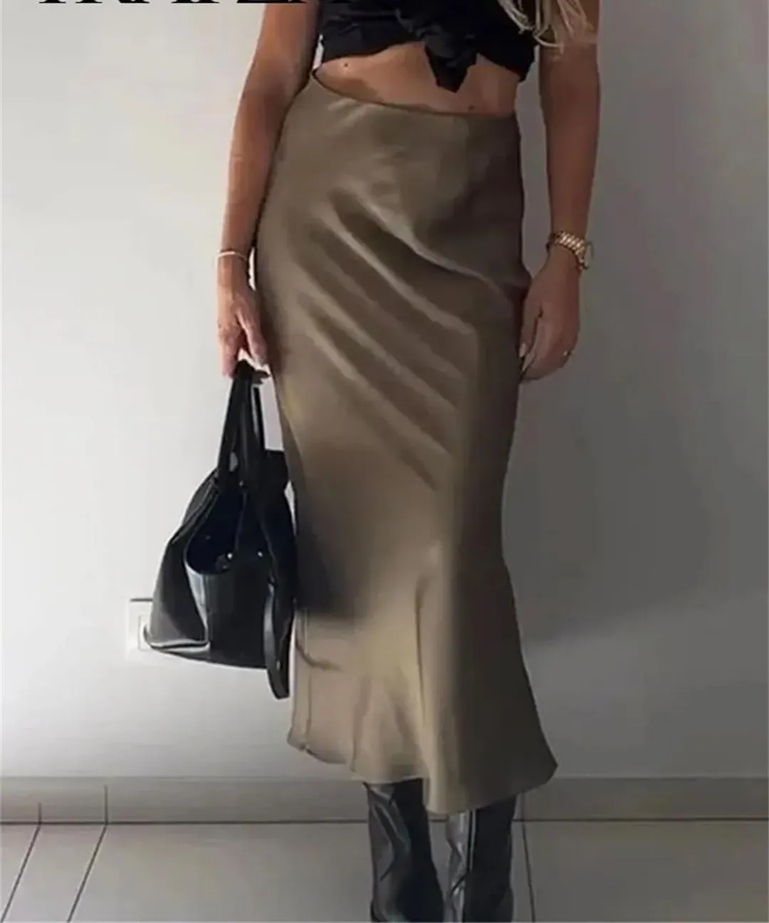 Women Long Skirt Spring Elastic High Waisted A-Line Casual Satin Skirts High Slim Fit Female Skirts